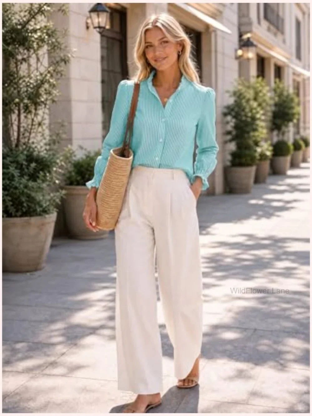 Striped Button Down Blouse Long Sleeve Smocked Cuffed Ruffle Collar Work Shirt - Picture 5 of 7
